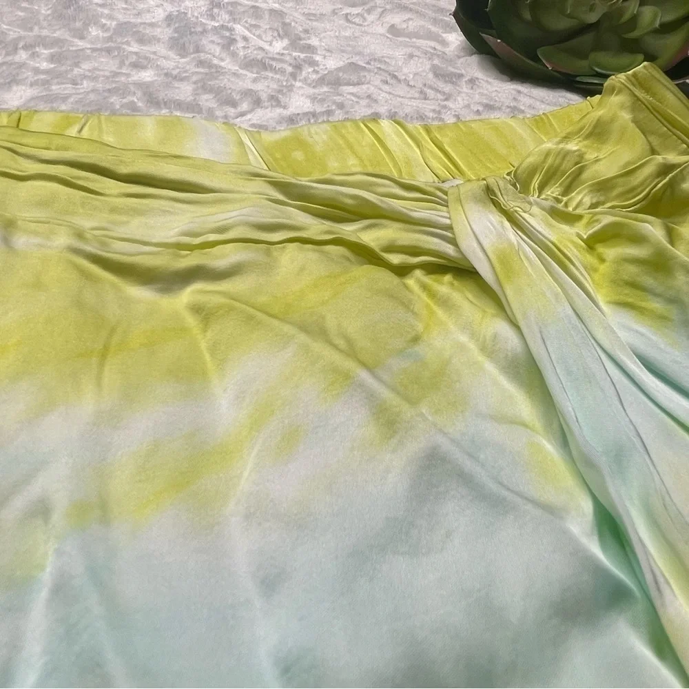 Young Fabulous & Broke Savanna Tie Dye Printed Satin Twist Midi Skirt Lime Small